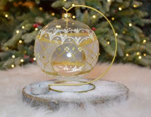 Grande boule de Noël photophore en verre soufflé décor doré avec des perles.