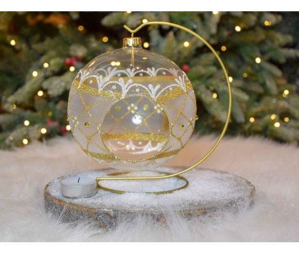 Grande boule de Noël photophore en verre soufflé décor doré avec des perles.