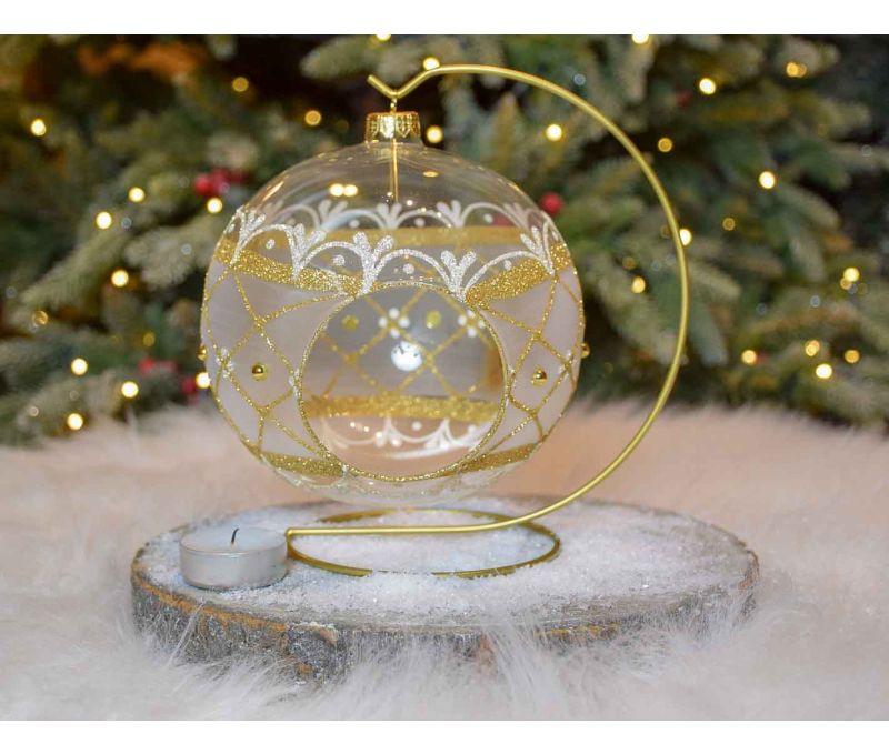 Grande boule de Noël photophore en verre soufflé décor doré avec des perles.