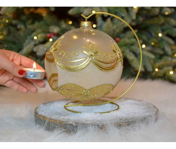Photophore boule de Noël verre soufflé décor doré chic guirlandes fleurs support doré D15cm