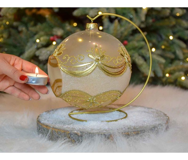 Photophore boule de Noël verre soufflé décor doré chic guirlandes fleurs support doré D15cm