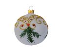 Voir la slide Boule de Noël blanche translucide avec décors de Noël traditionnel dorés et branches vertes.