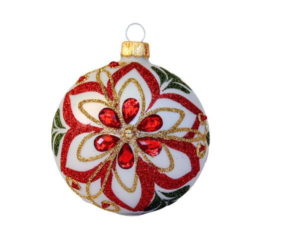 Boule de Noël blanche verre fleur poinsettia rouge dorée strass peinte main D8cm