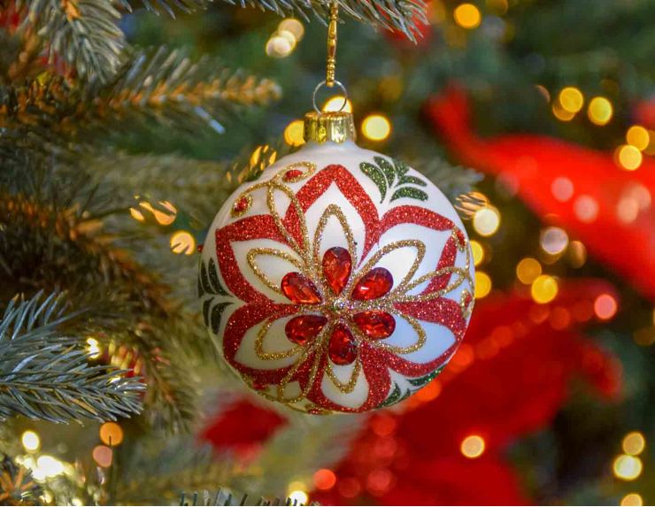 Boule de Noël Poinsettia strass D8cm