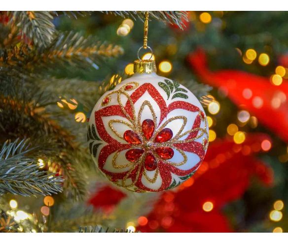Boule de Noël blanche verre fleur poinsettia rouge dorée strass peinte main D8cm
