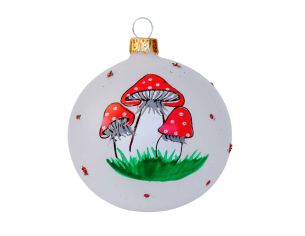 Boule de Noël blanche champignons D8cm