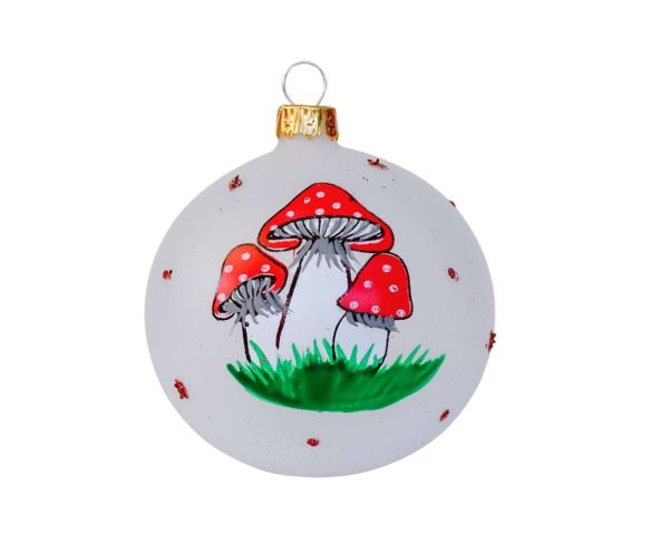 Boule de Noël blanche en verre avec décors champignons rouges à pois blancs. 

Diamètre : 8cm