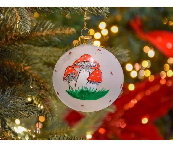 Décoration Noël boule en verre blanche champignons rouges pois blancs peints à la main D8cm