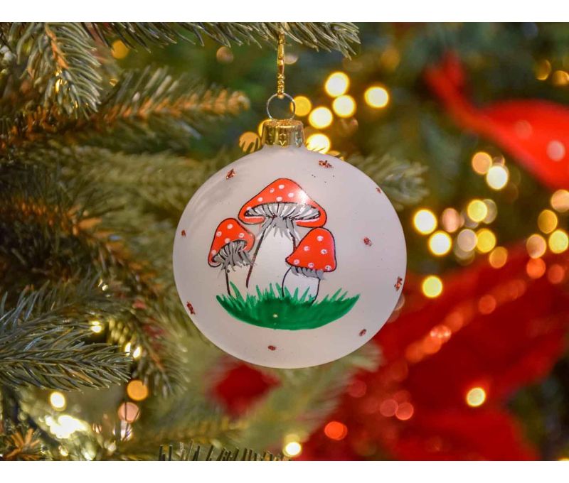 Décoration Noël boule en verre blanche champignons rouges pois blancs peints à la main D8cm