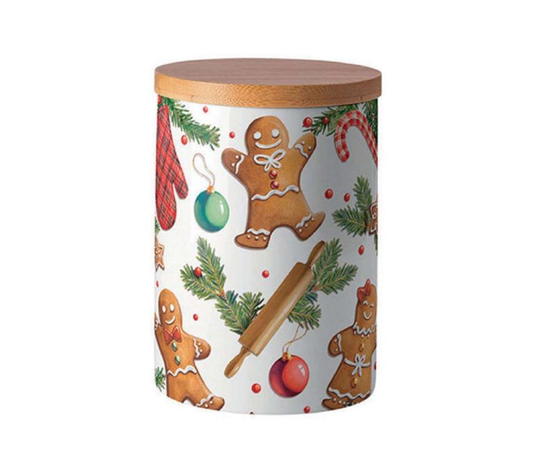 Pot porcelaine blanc couvercle bambou décor bonhommes pain d'épices sapin boules Noël cannes sucre H14cm