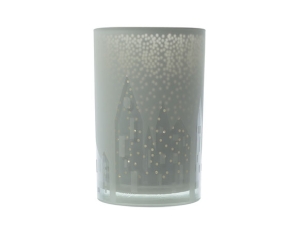 Photophore blanc givré découpé décor maisons village de Noël intérieur doré H12cm - Lilosquare