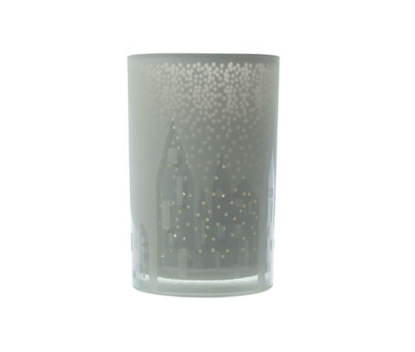 Photophore blanc givré découpé décor maisons village de Noël intérieur doré H12cm - Lilosquare