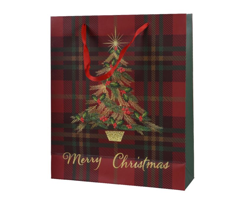 Sac cadeau papier tartan rouge sapin doré houx inscription Merry Christmas H32cm