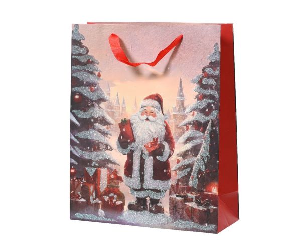 Petit sac cadeau Noël Père Noël paillettes sapins enneigés cadeaux rouge H24cm