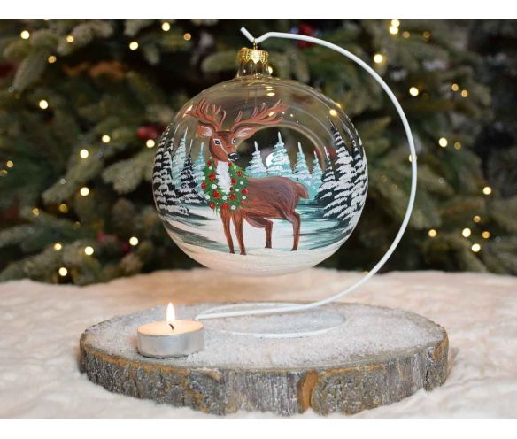 Grande boule de Noël photophore en verre soufflé décor renne avec couronne de Noël.