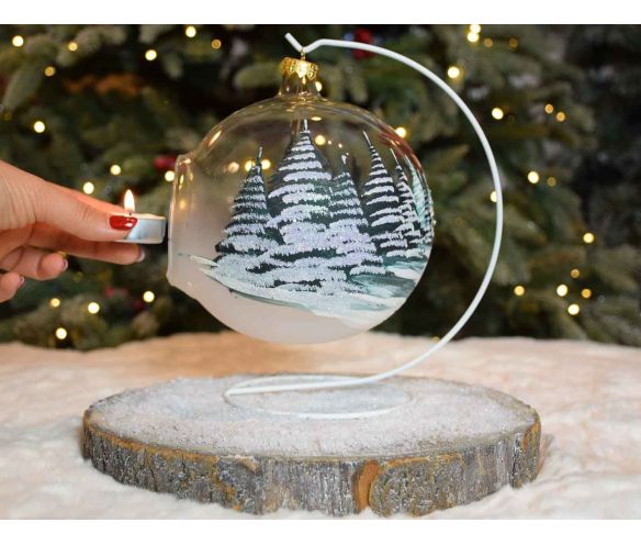 Grande boule de Noël photophore en verre soufflé décor renne avec couronne de Noël.