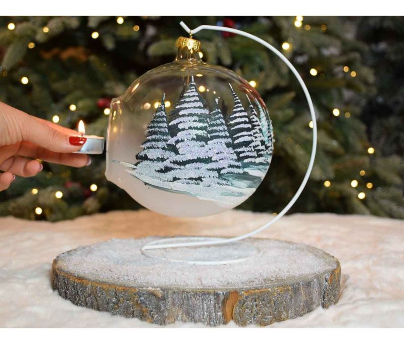 Grande boule de Noël photophore en verre soufflé décor renne avec couronne de Noël.