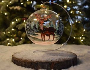 Grande boule de Noël photophore en verre soufflé décor renne avec couronne de Noël.