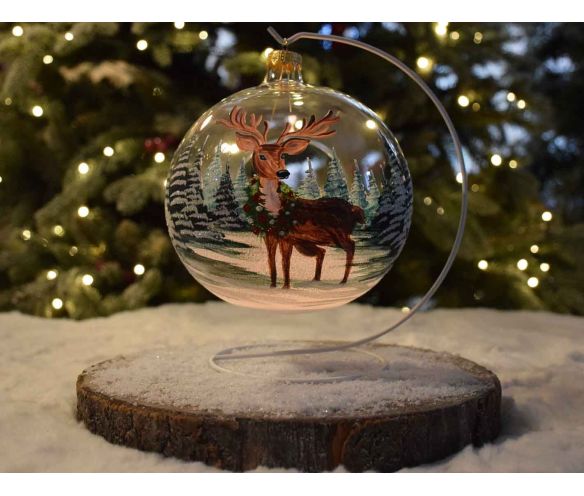 Grande boule de Noël photophore en verre soufflé décor renne avec couronne de Noël.