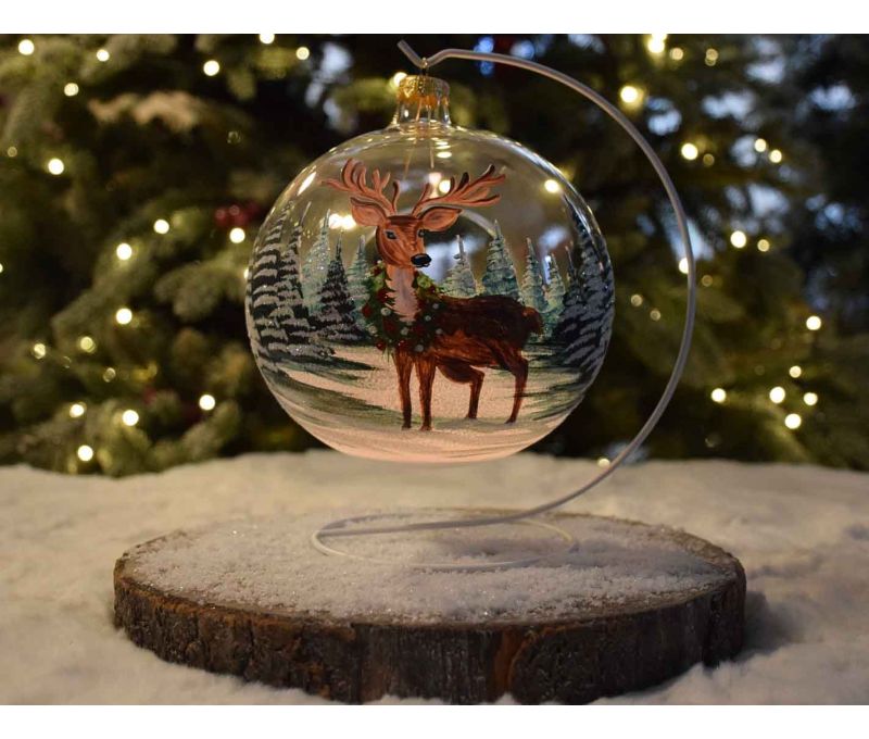 Grande boule de Noël photophore en verre soufflé décor renne avec couronne de Noël.