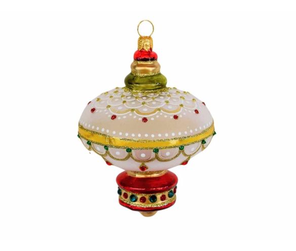 Goutte Noël forme lanterne verre soufflé blanc mat décor doré festonné cristaux Preciosa rouge vert base rouge vintage H9cm