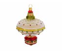 Voir la slide Goutte Noël forme lanterne verre soufflé blanc mat décor doré festonné cristaux Preciosa rouge vert base rouge vintage H9cm