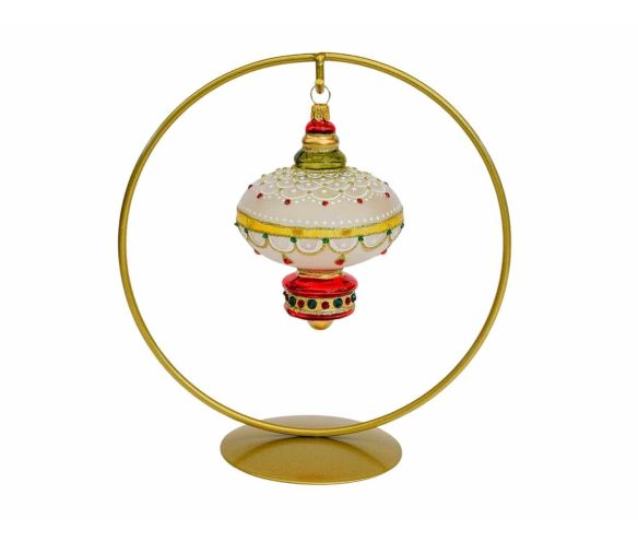 Goutte Noël forme lanterne verre soufflé blanc mat décor doré festonné cristaux Preciosa rouge vert base rouge vintage H9cm