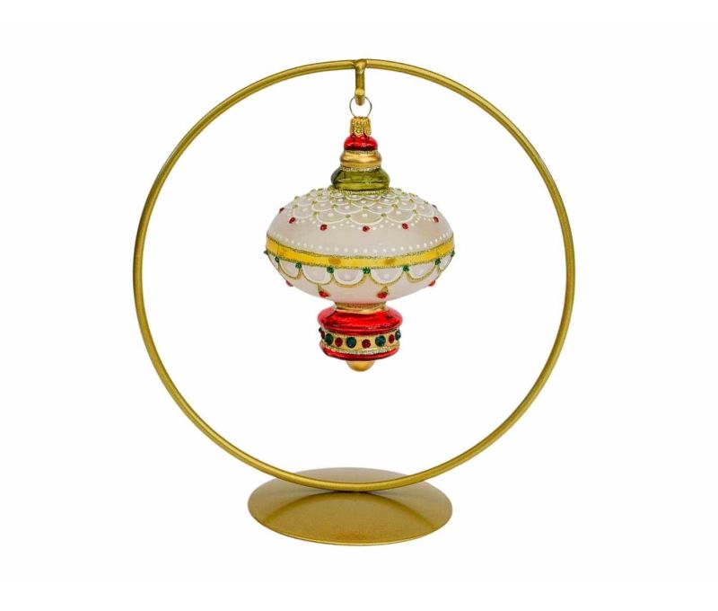 Goutte Noël forme lanterne verre soufflé blanc mat décor doré festonné cristaux Preciosa rouge vert base rouge vintage H9cm