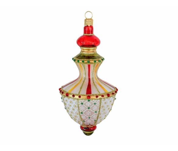 Goutte Noël évasée verre soufflé blanc rouge or col resserré décor losanges cristaux Preciosa vintage H12cm - Lilosquare