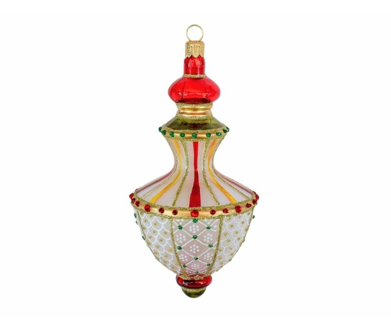 Goutte Noël évasée verre soufflé blanc rouge or col resserré décor losanges cristaux Preciosa vintage H12cm - Lilosquare