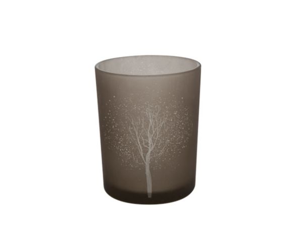 Photophore en verre brun givré sérigraphié arbre hivernal et poudre de neige H12cm - Lilosquare