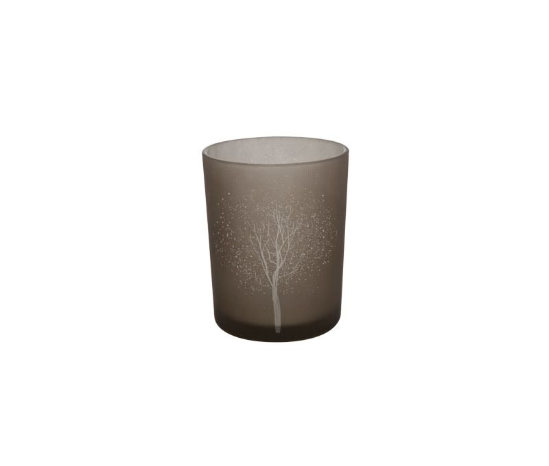 Photophore en verre brun givré sérigraphié arbre hivernal et poudre de neige H12cm - Lilosquare