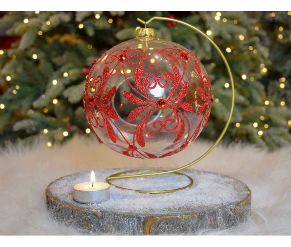 Photophore Noël verre transparent décor baroque rouge strass support doré D15cm