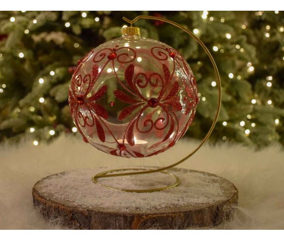 Photophore Noël verre transparent décor baroque rouge strass support doré D15cm