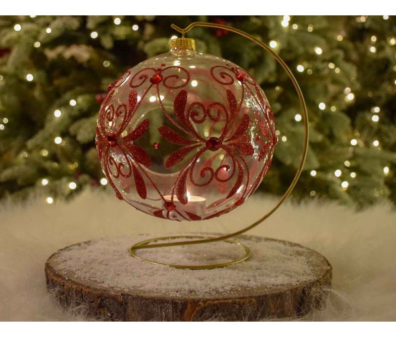 Photophore Noël verre transparent décor baroque rouge strass support doré D15cm