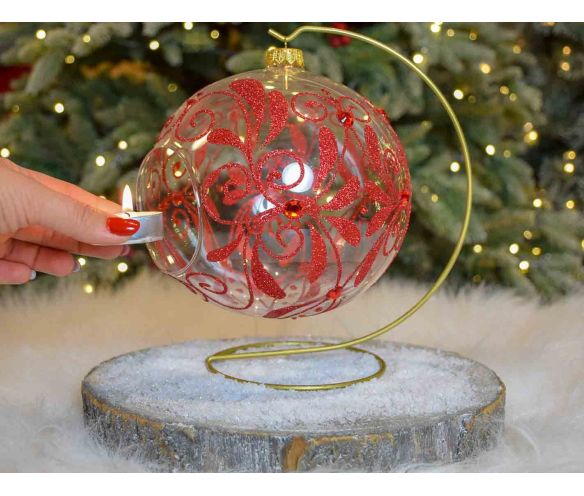 Photophore Noël verre transparent décor baroque rouge strass support doré D15cm