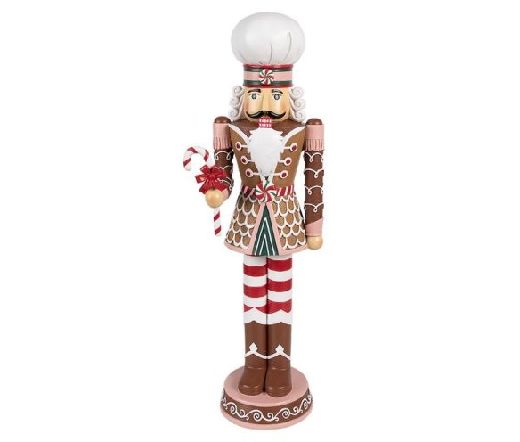 Figurine casse-noisette Ferdinand H46cm, costume pain d’épices brun rouge et blanc, toque blanche, canne de sucre