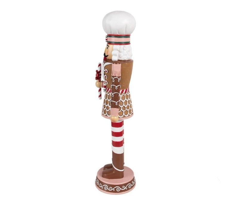 Figurine casse-noisette Ferdinand H46cm, costume pain d’épices brun rouge et blanc, toque blanche, canne de sucre