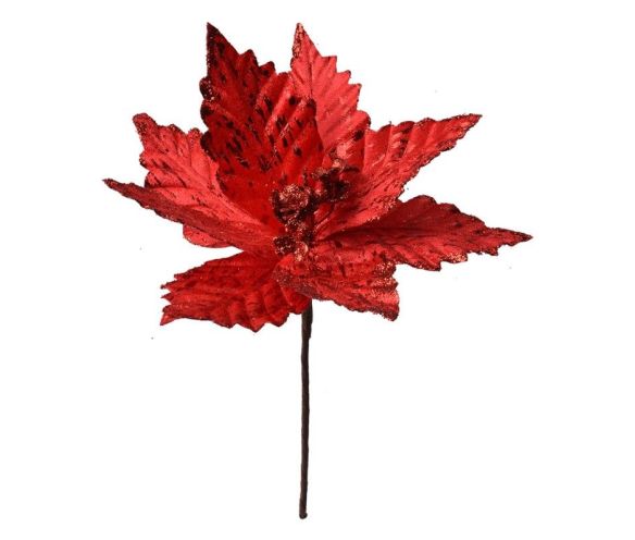 Fleur Noël poinsettia rouge velours pailletteé pétales nervurés dentélés étamines rouges tige brune D27cm