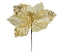 Voir la slide Fleur Noël poinsettia doré velours sequins filet doré pétales nervurés dentélés étamines dorées tige brune D27cm