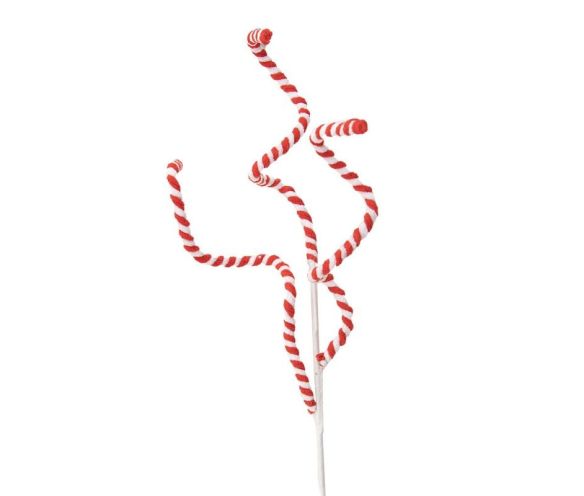Branche décorative Noël tiges vrillées spirales rouge et blanc rayées floquées tige blanche H66cm