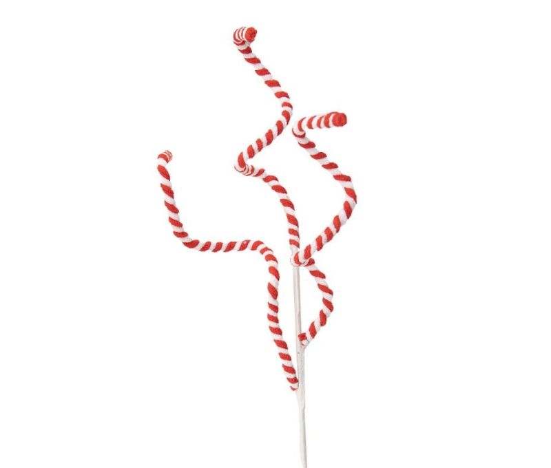Branche décorative Noël tiges vrillées spirales rouge et blanc rayées floquées tige blanche H66cm