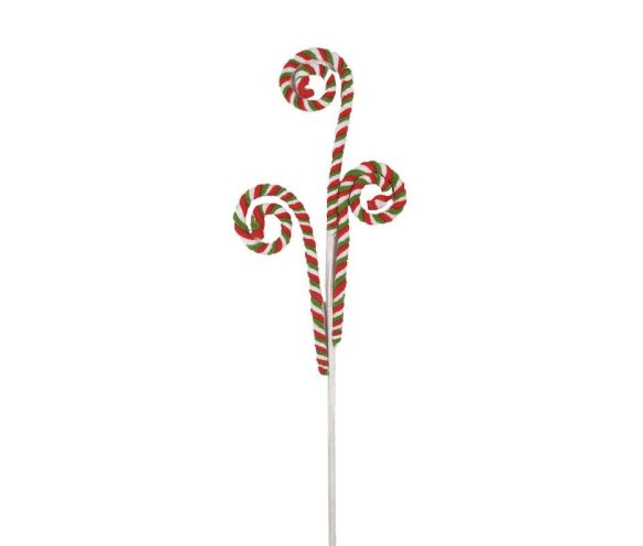 Branche décorative Noël sucres d'orge torsadés rouge vert blanc sur tige blanche H66cm