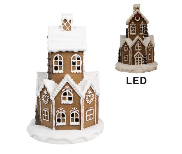 Maison pain d'épices LED polyrésine brune glaçage blanc sapins couronne houx H32cm