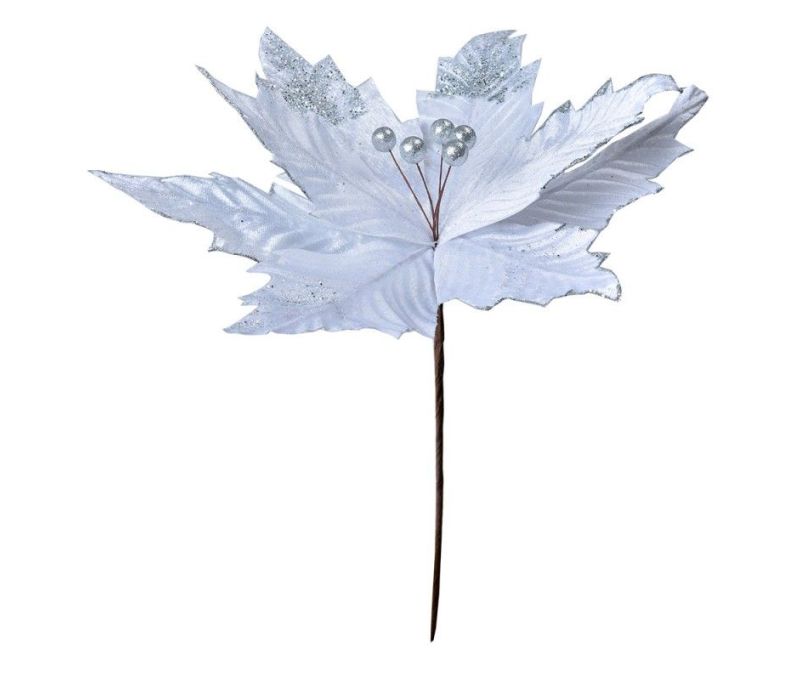 Fleur poinsettia artificielle velours blanc paillettes argentées pistils perles blanches tige marron D38cm