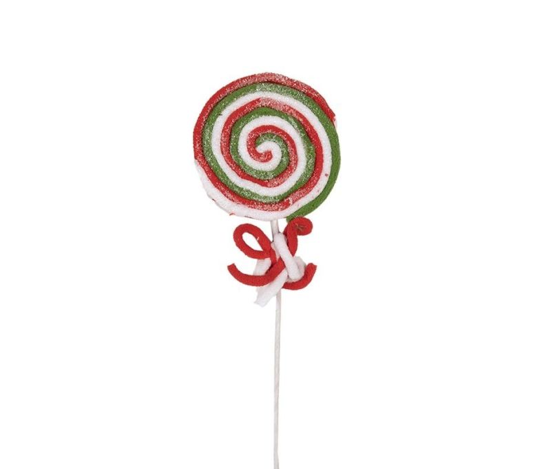 Branche décorative Noël sucette spirale pailletée rouge vert blanc nœud ruban rouge tige blanche H42cm