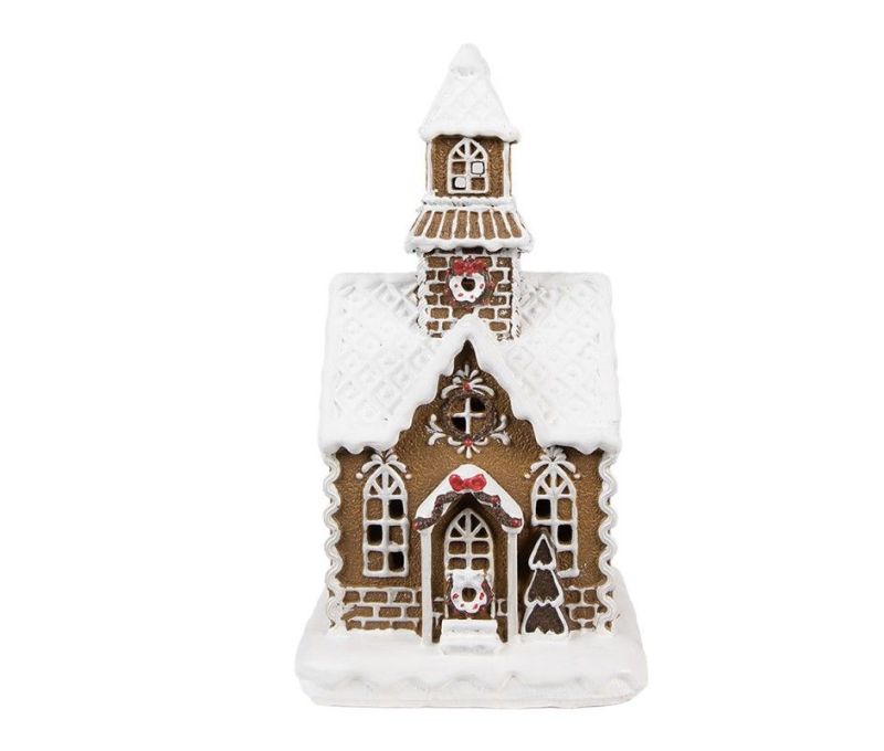 Maison pain d'épices LED chapelle brune glaçage blanc couronne houx toit enneigé H25cm