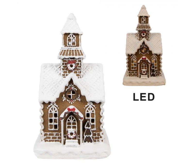 Maison pain d'épices LED chapelle brune glaçage blanc couronne houx toit enneigé H25cm