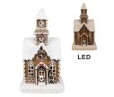 Voir la slide Maison pain d'épices LED chapelle brune glaçage blanc couronne houx toit enneigé H25cm