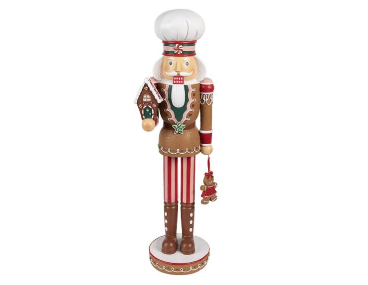 Figurine casse-noisette Théodore H46cm, costume pain d’épices brun rouge et blanc, maison de pain d’épices